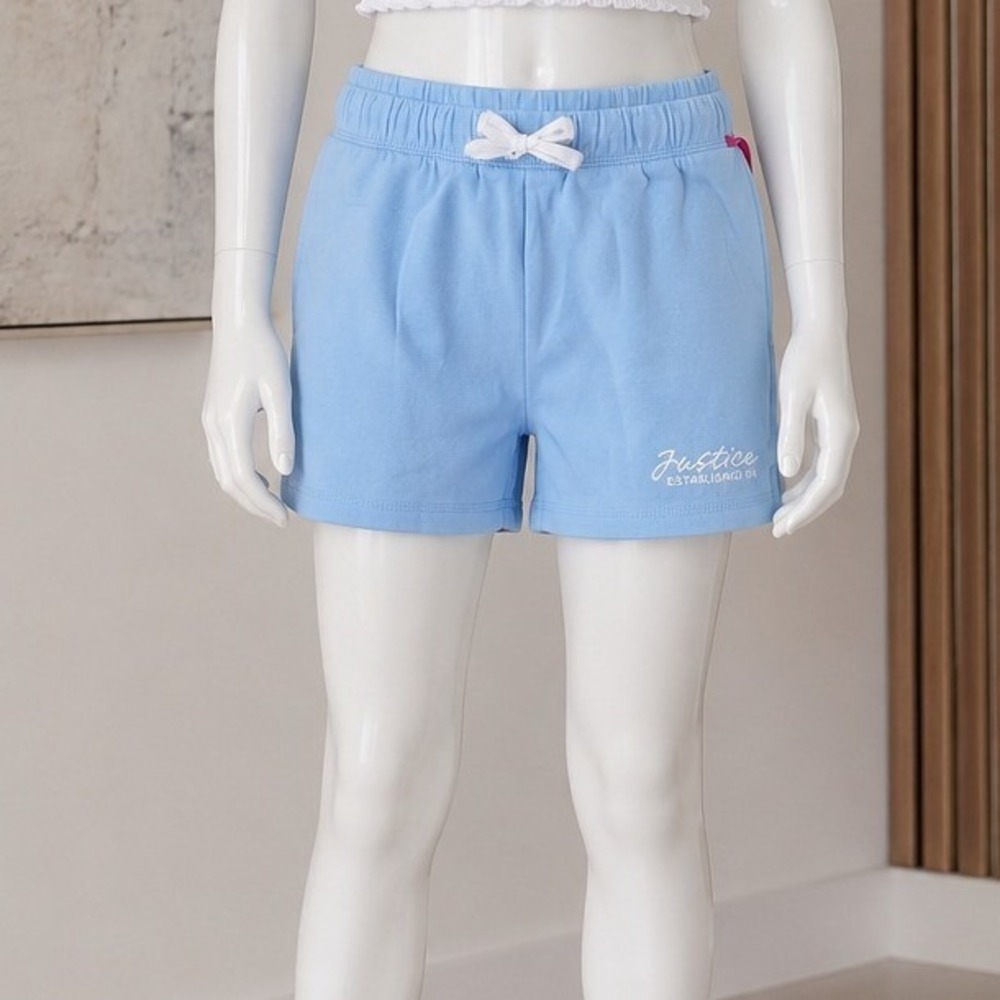 Justice Girls Sweatshorts Sail Blue Fleece Elastic Waist Logo L 12/14